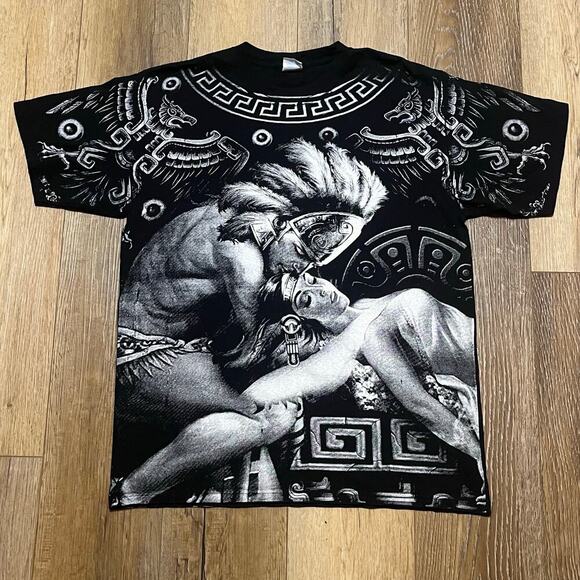 Yazbek Other - Vtg Aztec Warrior All Over Print Graphic Tee L Yazbek Black White Mayan Y2K Art
